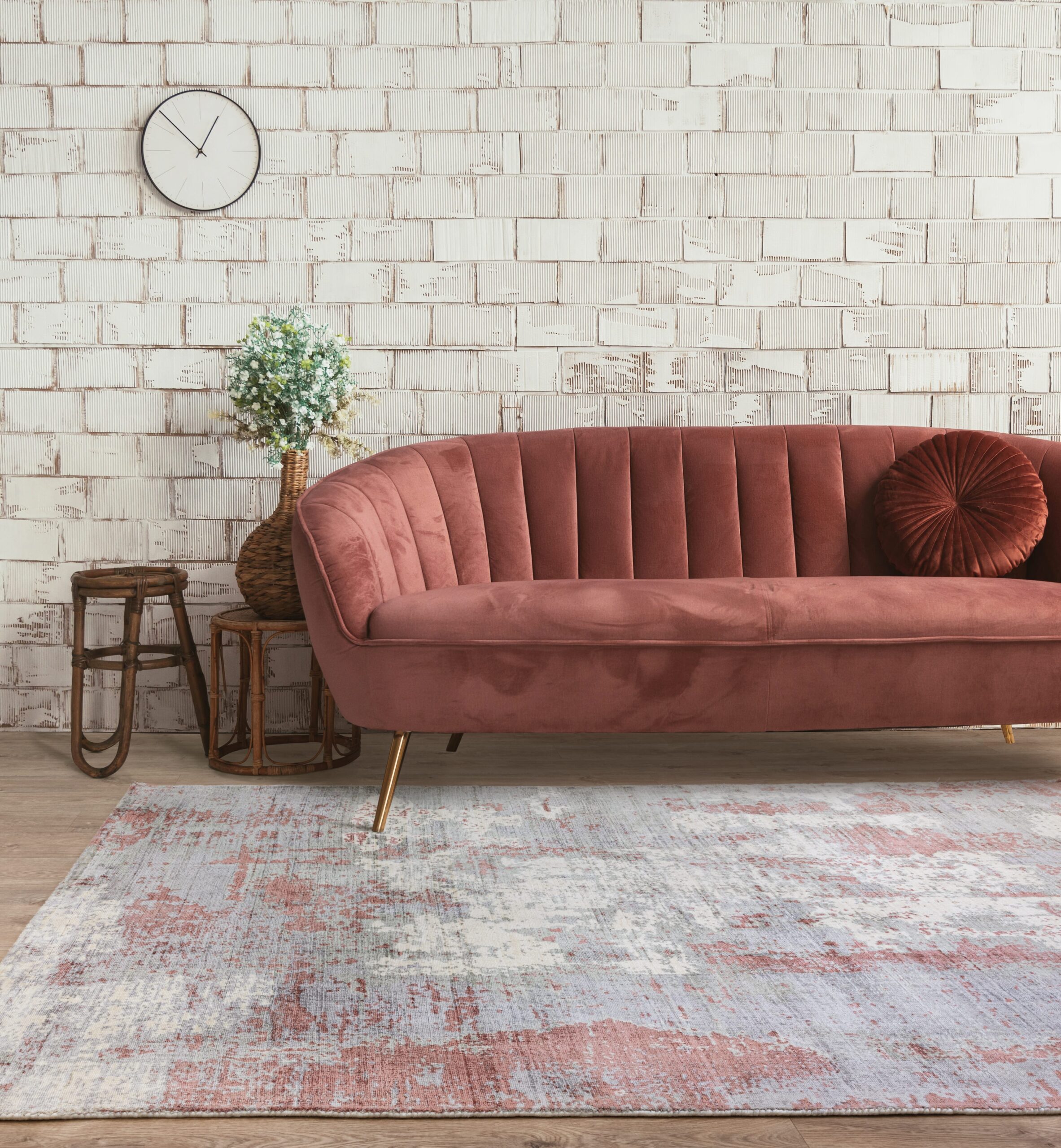 Modern furniture composition in soft colors on the background of a white brick wall Modern furniture composition in soft colors on the background of a white brick wall